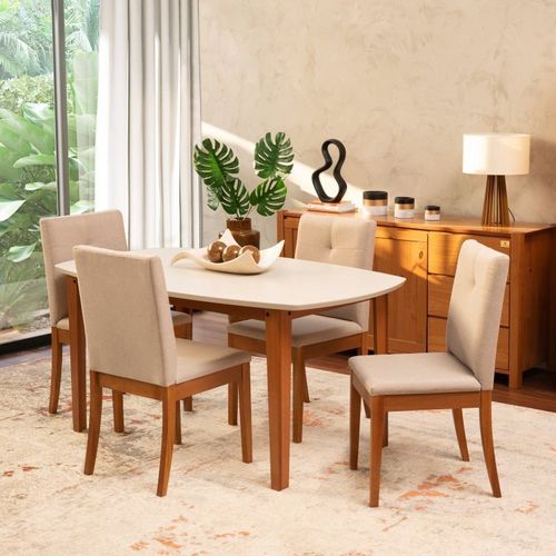 Conjunto Mesa de Jantar e 4 Cadeiras Tiê Maxx CabeCasa MadeiraOriginals Bege/Amêndoa/Off White