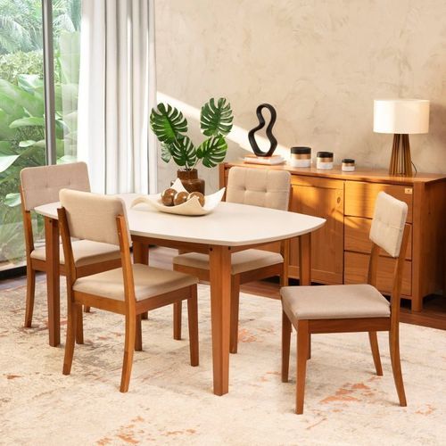 Conjunto Mesa de Jantar e 4 Cadeiras Tiê CabeCasa MadeiraOriginals Bege/Amêndoa/Off White