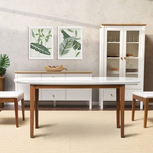 Mesa Oval 4 Lugares 1,4m Tampo Vidro e MDF Tiê CabeCasa MadeiraOriginals Amêndoa/Off White