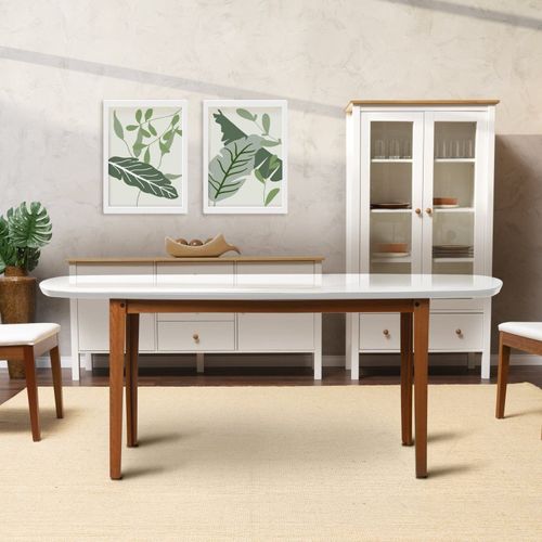 Mesa Oval 6 Lugares 1,6m Tampo Vidro e MDF Tiê CabeCasa MadeiraOriginals Amêndoa/Off White
