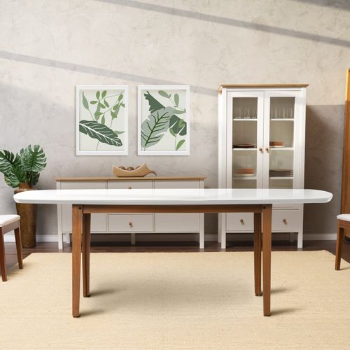 Mesa Oval 8 Lugares 2,0m Tampo Vidro e MDF Tiê CabeCasa MadeiraOriginals Amêndoa/Off White