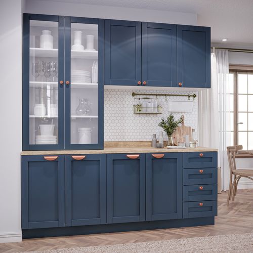 Cozinha Modulada Compacta 4 Peças com Armário Aéreo 2 Portas Vidro Arizona CabeCasa MadeiraOriginals Branco/Azul