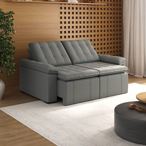 Sofá Cama Retrátil e Reclinável 3 Lugares 200cm Veludo com Molas Palmeira CabeCasa MadeiraOriginals Cinza Cinza