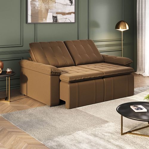 Sofá Cama Retrátil e Reclinável 3 Lugares 200cm Veludo com Molas Palmeira CabeCasa MadeiraOriginals Marrom Marrom