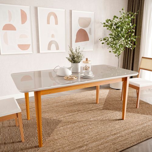 Mesa de Jantar 6 Lugares 180cm com Tampo MDF e Vidro Tangará CabeCasa MadeiraOriginals Caramelo/Off White