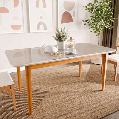 Mesa de Jantar 8 Lugares 210cm com Tampo MDF e Vidro Tangará CabeCasa MadeiraOriginals Caramelo/Off White