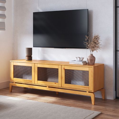 Rack para TV até 60 Polegadas Madeira Maciça 162cm Vidro Canelado Seiva CabeCasa MadeiraOriginals  Amendoa