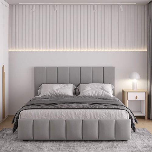 Cama com Cabeceira Casal Estofada Uvaia CabeCasa MadeiraOriginals Cinza