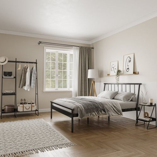 Conjunto Cama Queen 2 Mesa de Cabeceira e Arara de Roupas em Aço Begônia CabeCasa MadeiraOriginals Preto Metálico