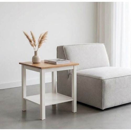 Mesa Lateral em Madeira Maciça Yescasa Amêndoa/Branco Amêndoa/Branco