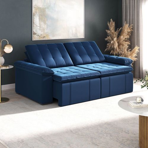 Sofá Cama Retrátil e Reclinável 4 Lugares 240cm Veludo com Molas Palmeira CabeCasa MadeiraOriginals Azul Azul