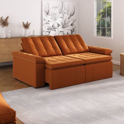 Sofá Cama Retrátil e Reclinável 4 Lugares 240cm Veludo com Molas Palmeira CabeCasa MadeiraOriginals Terracota Terracota