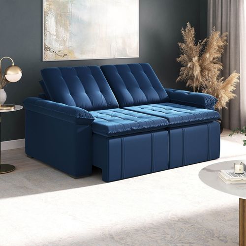 Sofá Cama Palmeira 3 Lugares Retrátil Reclinável 2,00m Veludo com Molas CabeCasa MadeiraOriginals Azul Azul