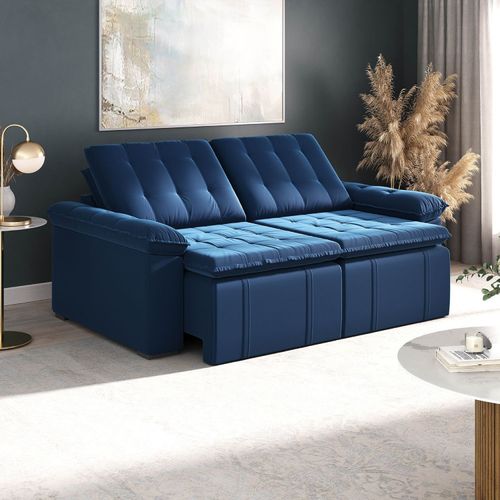 Sofá Cama Palmeira 3 Lugares Retrátil Reclinável 2,20m Veludo com Molas CabeCasa MadeiraOriginals Azul Azul