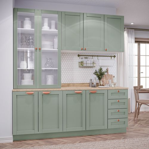 Cozinha Modulada Compacta 4 Peças com Armário Aéreo 2 Portas Vidro Arizona CabeCasa MadeiraOriginals Branco/Menta