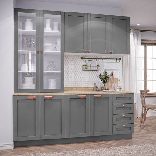 Cozinha Modulada Compacta 4 Peças com Armário Aéreo 2 Portas Vidro Arizona CabeCasa MadeiraOriginals Branco/Cinza Claro