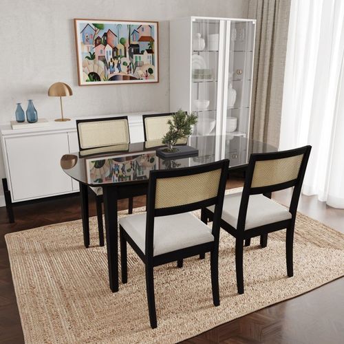 Conjunto Mesa de Jantar Tampo Vidro e MDF 1,60m e 4 Cadeiras Tiê CabeCasa MadeiraOriginals Preto/Bege Claro