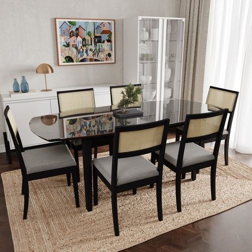Conjunto Mesa de Jantar Tampo Vidro e MDF 2,0m e 6 Cadeiras Tiê CabeCasa MadeiraOriginals Preto/Cinza