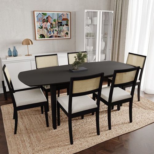Conjunto Mesa de Jantar Tampo MDF 2,0m e 6 Cadeiras Tiê CabeCasa MadeiraOriginals Preto/Bege Claro