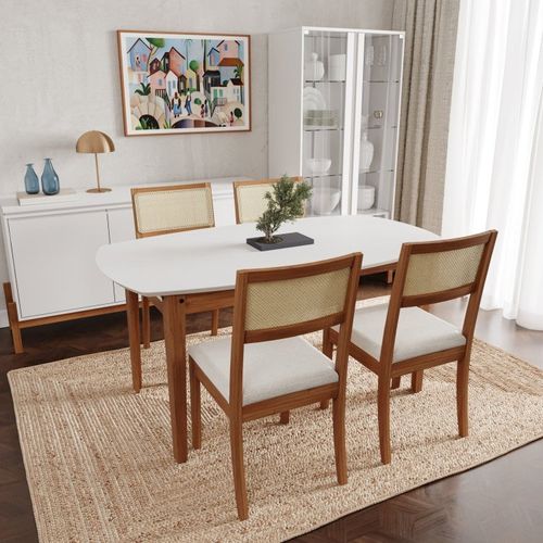 Conjunto Mesa de Jantar Tampo MDF 1,60m e 4 Cadeiras Tiê CabeCasa MadeiraOriginals Amendoa/Bege claro