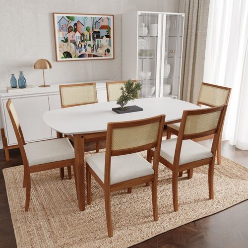 Conjunto Mesa de Jantar Tampo MDF 1,60m e 6 Cadeiras Tiê CabeCasa MadeiraOriginals Amendoa/Bege claro