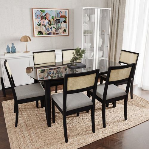 Conjunto Mesa de Jantar Tampo Vidro e MDF 1,60m e 6 Cadeiras Tiê CabeCasa MadeiraOriginals Preto/Cinza