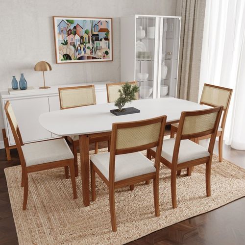 Conjunto Mesa de Jantar Tampo MDF 1,80m e 6 Cadeiras Tiê CabeCasa MadeiraOriginals Amendoa/Bege claro