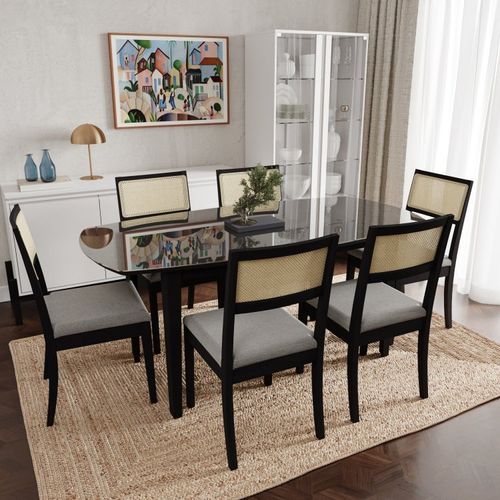 Conjunto Mesa de Jantar Tampo Vidro e MDF 1,80m e 6 Cadeiras Tiê CabeCasa MadeiraOriginals Preto/Cinza