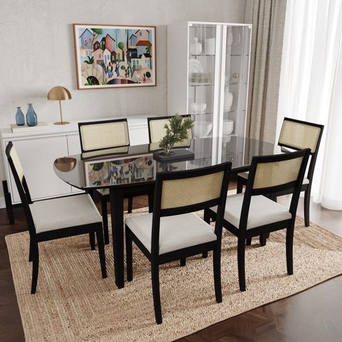 Conjunto Mesa de Jantar Tampo Vidro e MDF 1,80m e 6 Cadeiras Tiê CabeCasa MadeiraOriginals Preto/Bege Claro