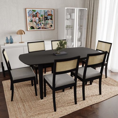 Conjunto Mesa de Jantar Tampo MDF 1,80m e 6 Cadeiras Tiê CabeCasa MadeiraOriginals Preto/Cinza