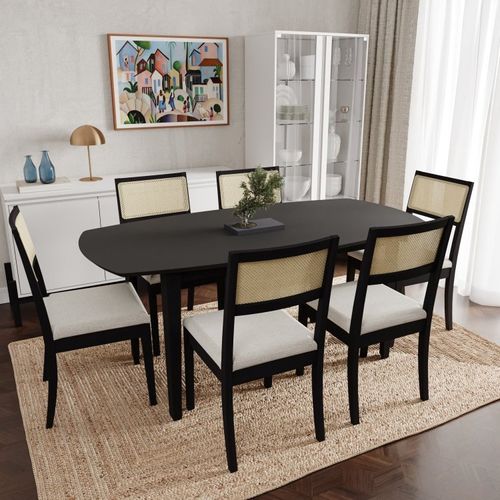 Conjunto Mesa de Jantar Tampo MDF 1,80m e 6 Cadeiras Tiê CabeCasa MadeiraOriginals Preto/Bege Claro
