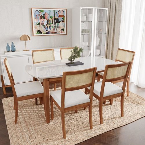 Conjunto Mesa de Jantar Tampo Vidro e MDF 1,60m e 6 Cadeiras Tiê CabeCasa MadeiraOriginals Amendoa/Bege claro