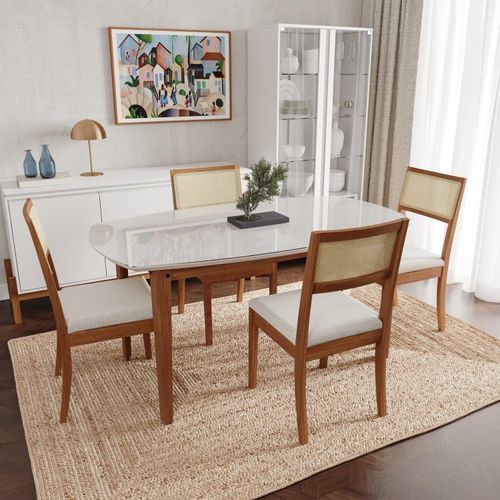 Conjunto Mesa de Jantar Tampo Vidro e MDF 1,60m e 4 Cadeiras Tiê CabeCasa MadeiraOriginals Amendoa/Bege claro