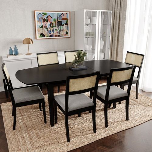Conjunto Mesa Extensível Oval 6 Cadeira Madeira Maciça Encosto Telado Tiê CabeCasa MadeiraOriginals Preto/Cinza