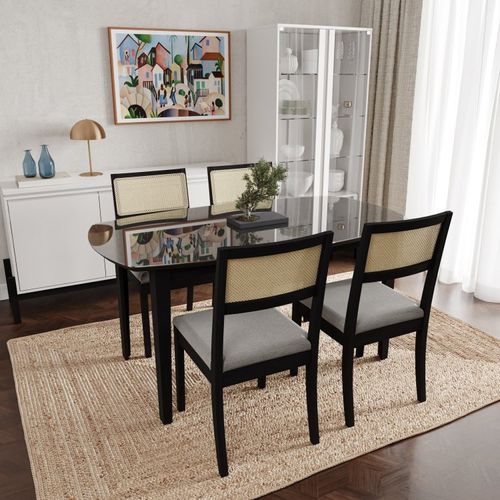 Conjunto Mesa de Jantar Tampo Vidro e MDF 1,60m e 4 Cadeiras Tiê CabeCasa MadeiraOriginals Preto/Cinza