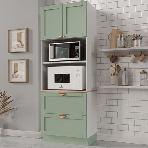 Torre Quente 2 Portas 2 Gavetas 2 Nichos para Forno e Microondas Arizona CabeCasa MadeiraOriginals Branco/Menta