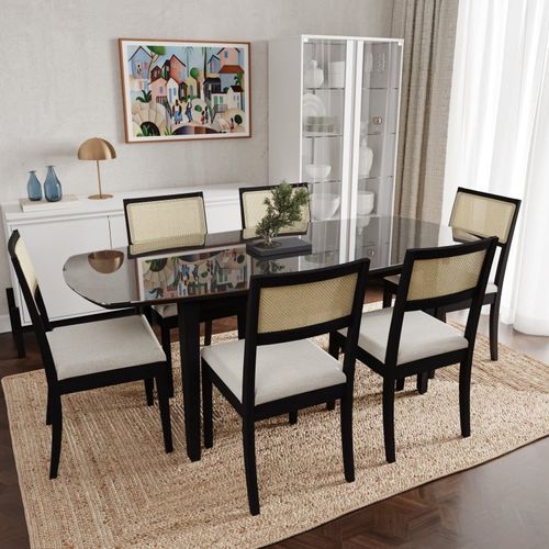 Conjunto Mesa de Jantar Tampo Vidro e MDF 2,0m e 6 Cadeiras Tiê CabeCasa MadeiraOriginals Preto/Bege Claro