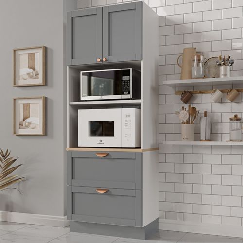 Torre Quente 2 Portas 2 Gavetas 2 Nichos para Forno e Microondas Arizona CabeCasa MadeiraOriginals Branco/Cinza