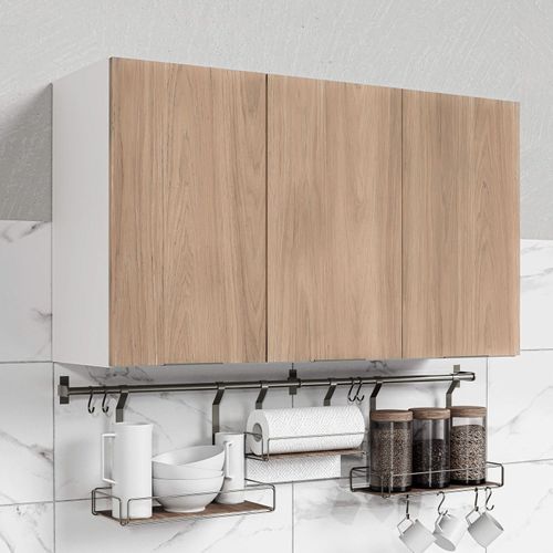 Armário Aéreo 3 Portas 120cm Puxador 150mm Ipanema CabeCasa MadeiraOriginals Acácia/Branco
