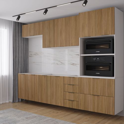 Cozinha Modulada 5 Peças 2 Aéreos 2 Balcões 1 Torre Quente Ipanema CabeCasa MadeiraOriginals Acácia e Branco