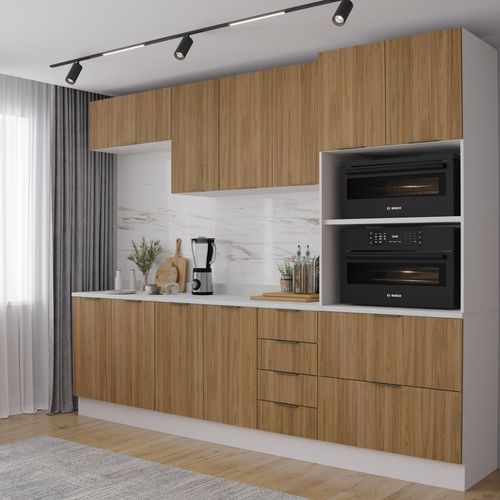 Cozinha Modulada com Tampo 2 Aéreos 2 Balcões 1 Torre Quente Ipanema CabeCasa MadeiraOriginals Acácia e Branco