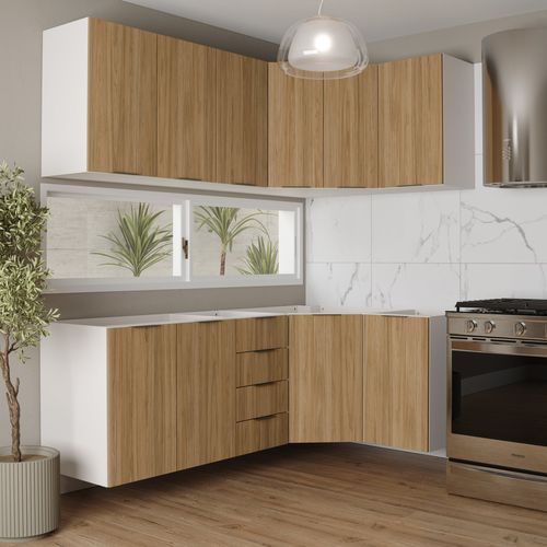 Cozinha Modulada 6 Peças sem Tampo 3 Aéreos 6 Portas e 3 Balcões Ipanema CabeCasa MadeiraOriginals Acácia