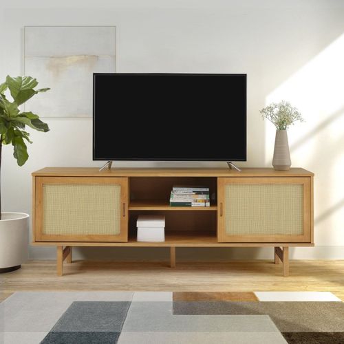 Rack para TV até 55 Polegadas 160cm Pés em Madeira Maciça Magna Porta Rattan CabeCasa MadeiraOriginals Bege Marrom Marrom