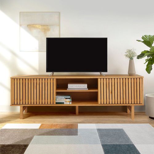 Rack para TV até 65 Polegadas 190cm Pés em Madeira Maciça Magna Porta Ripada CabeCasa MadeiraOriginals Bege Marrom Marrom