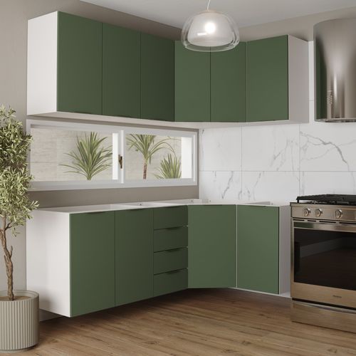 Cozinha Modulada 6 Peças sem Tampo 3 Aéreos 6 Portas e 3 Balcões Ipanema CabeCasa MadeiraOriginals Verde Folha/Branco