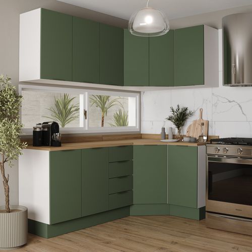 Cozinha Modulada 6 Peças com Tampo 3 Aéreos 6 Portas e 3 Balcões Ipanema CabeCasa MadeiraOriginals Verde Folha/Branco