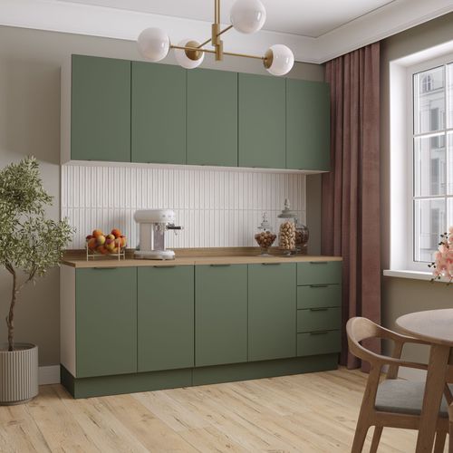 Cozinha Modulada 4 Peças com Tampo 2 Aéreos 5 Portas e 2 Balcões Ipanema CabeCasa MadeiraOriginals Verde Folha/Branco