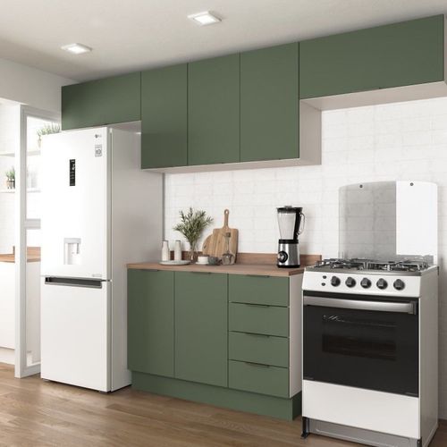 Cozinha Modulada 4 Peças com Tampo 3 Aéreos 5 Portas e 1 Balcão Ipanema CabeCasa MadeiraOriginals Verde Folha/Branco