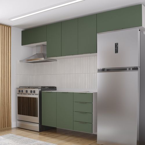 Cozinha Modulada 4 Peças sem Tampo 3 Aéreos 5 Portas e 1 Balcão Ipanema CabeCasa MadeiraOriginals Verde Folha/Branco