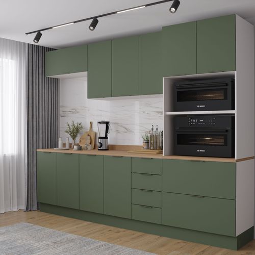 Cozinha Modulada 5 Peças 1 Tampo 2 Aéreos 2 Balcões 1 Torre Quente Ipanema CabeCasa MadeiraOriginals Verde Folha/Branco